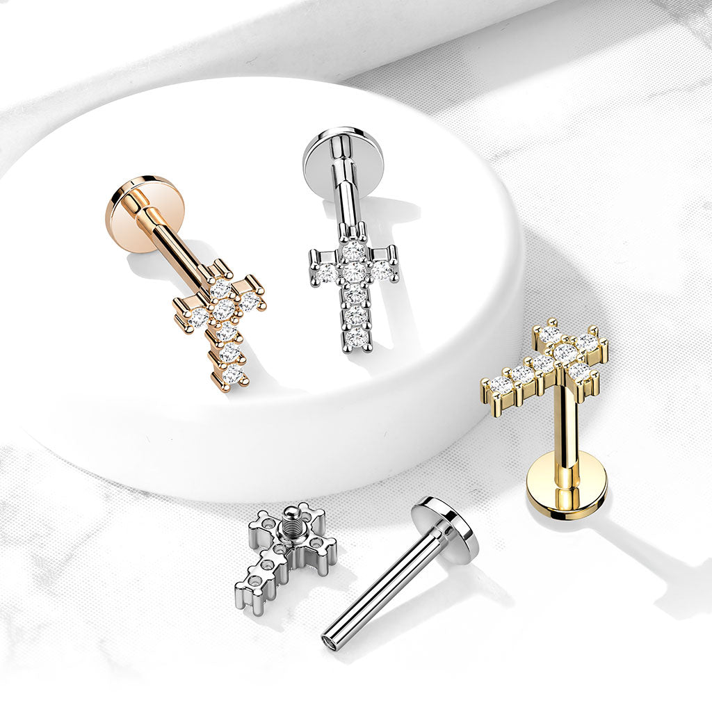 Round CZ Paved Cross Top Flat Back Stud