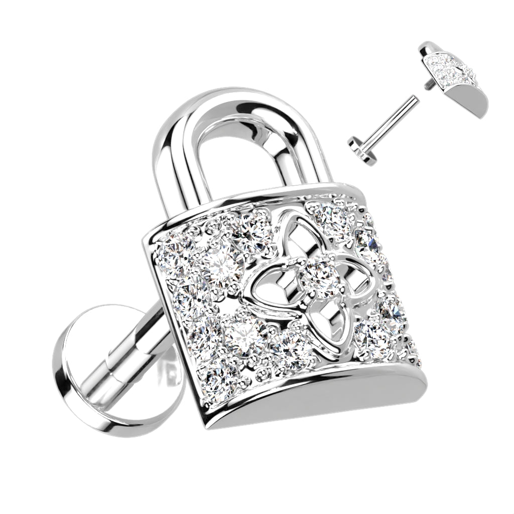 CZ Paved Lock Top on Flat Back Stud for Labret