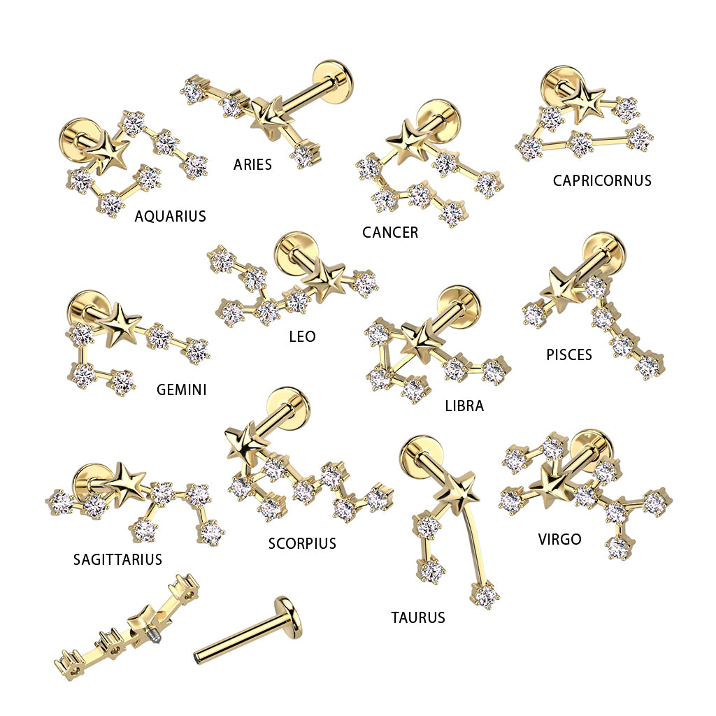Gold Plated CZ Zodiac Constellation Labret Stud