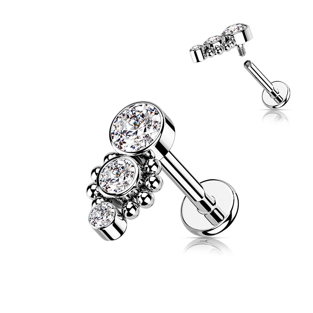 Triple CZ Round Dropdown With Ball Cluster Flat Back Stud