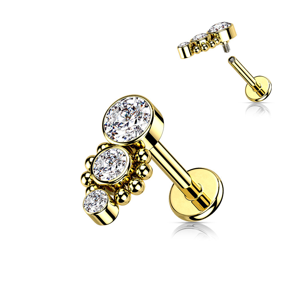 Triple CZ Round Dropdown With Ball Cluster Flat Back Stud
