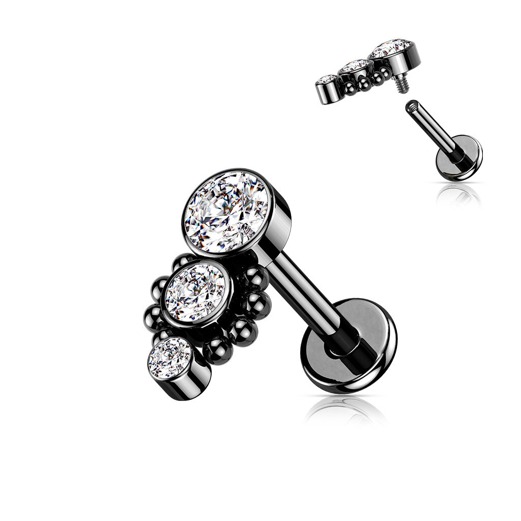 Triple CZ Round Dropdown With Ball Cluster Flat Back Stud