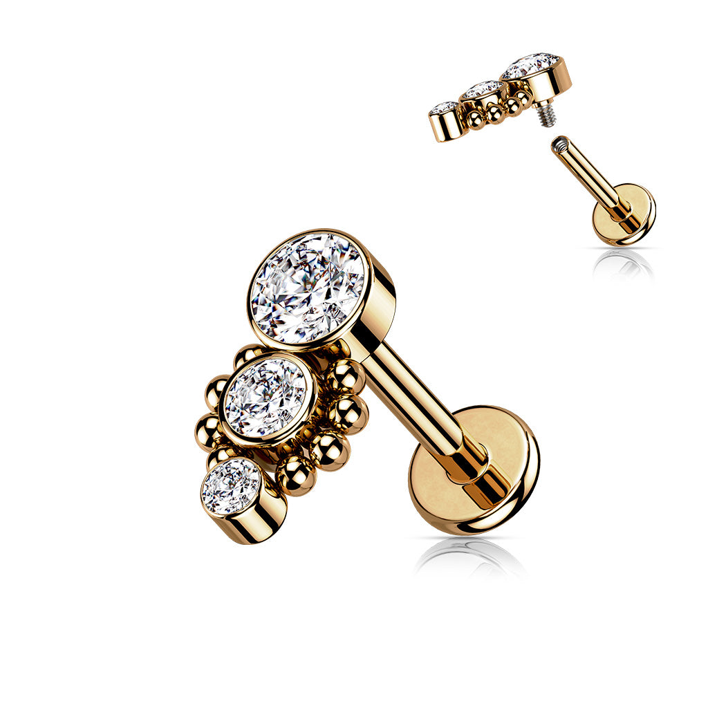 Triple CZ Round Dropdown With Ball Cluster Flat Back Stud