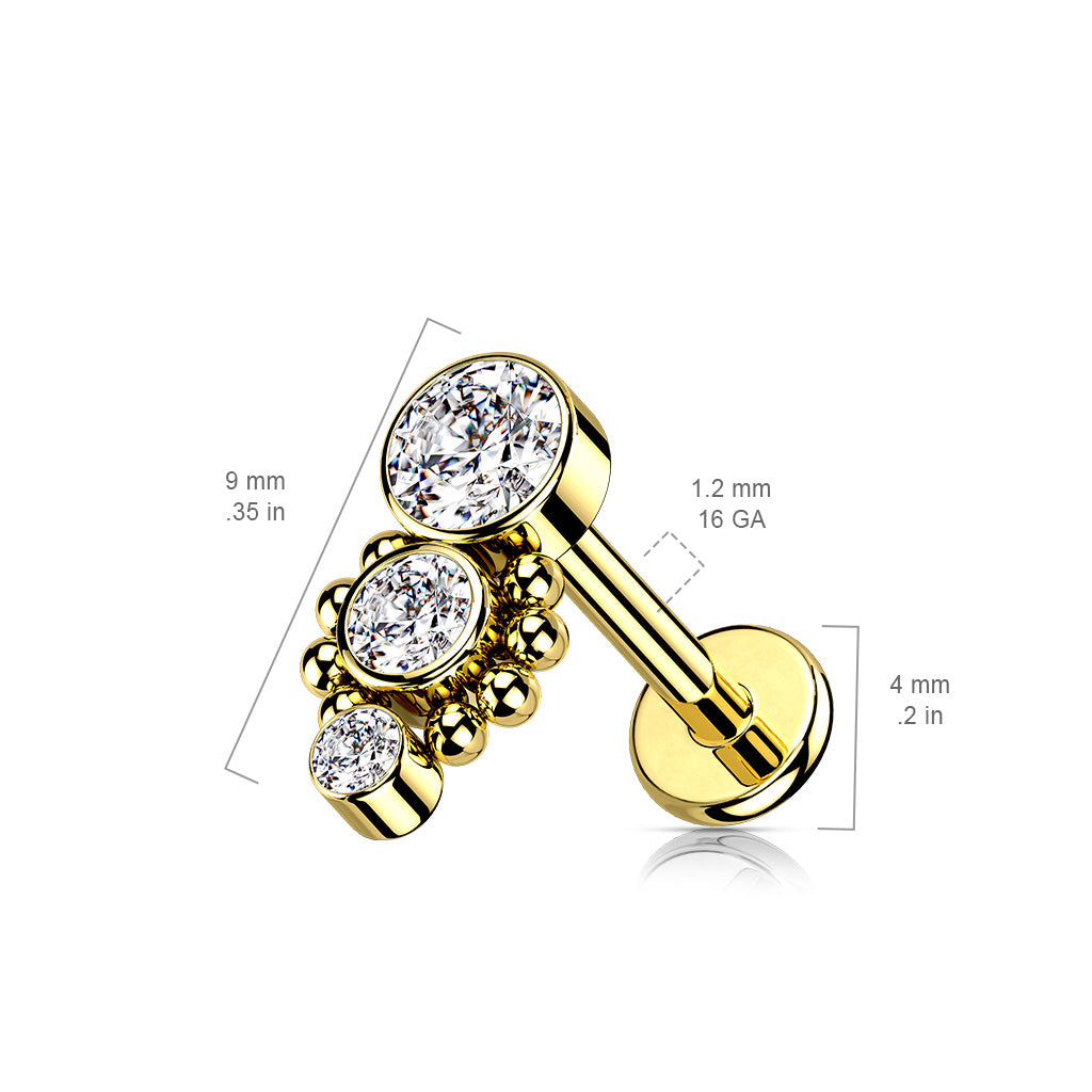 Triple CZ Round Dropdown With Ball Cluster Flat Back Stud