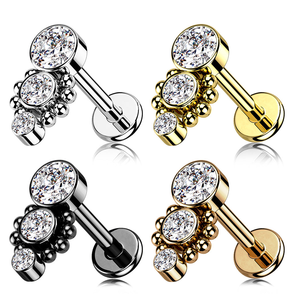 Triple CZ Round Dropdown With Ball Cluster Flat Back Stud