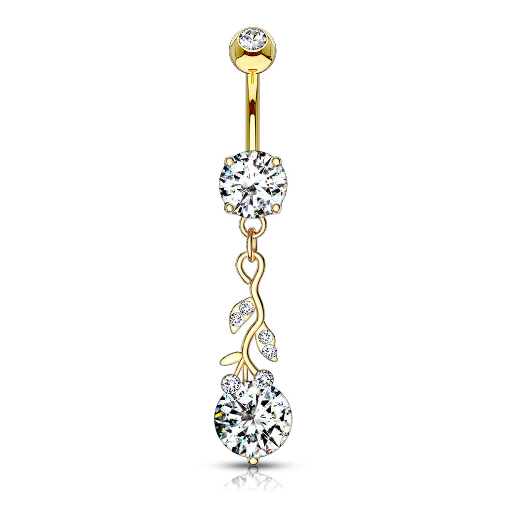 Gemmed Leafs with Round CZ Dangle Navel Bar