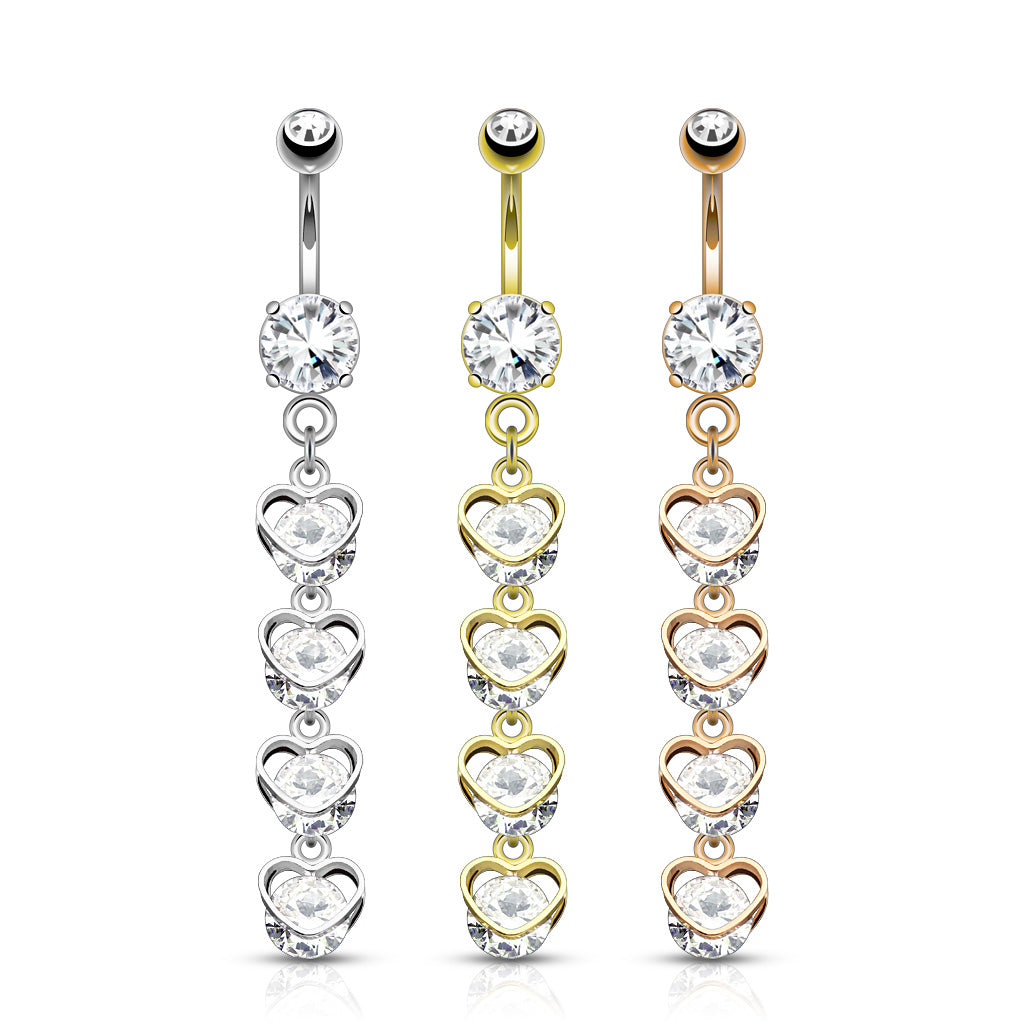 Four Vertical Drop CZ Set Hearts Dangle Navel Bar