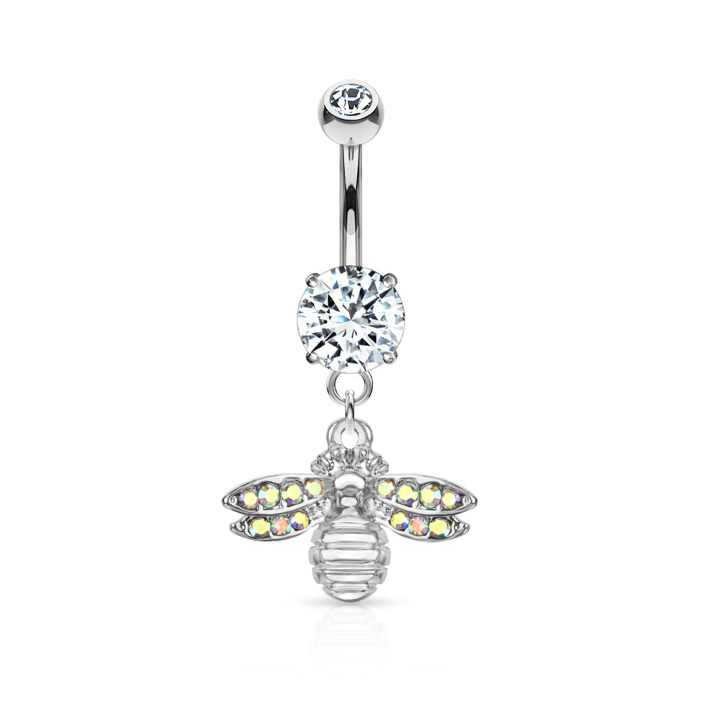Bee with AB Crystal Paved Wings Dangle Double Jeweled Navel Bar