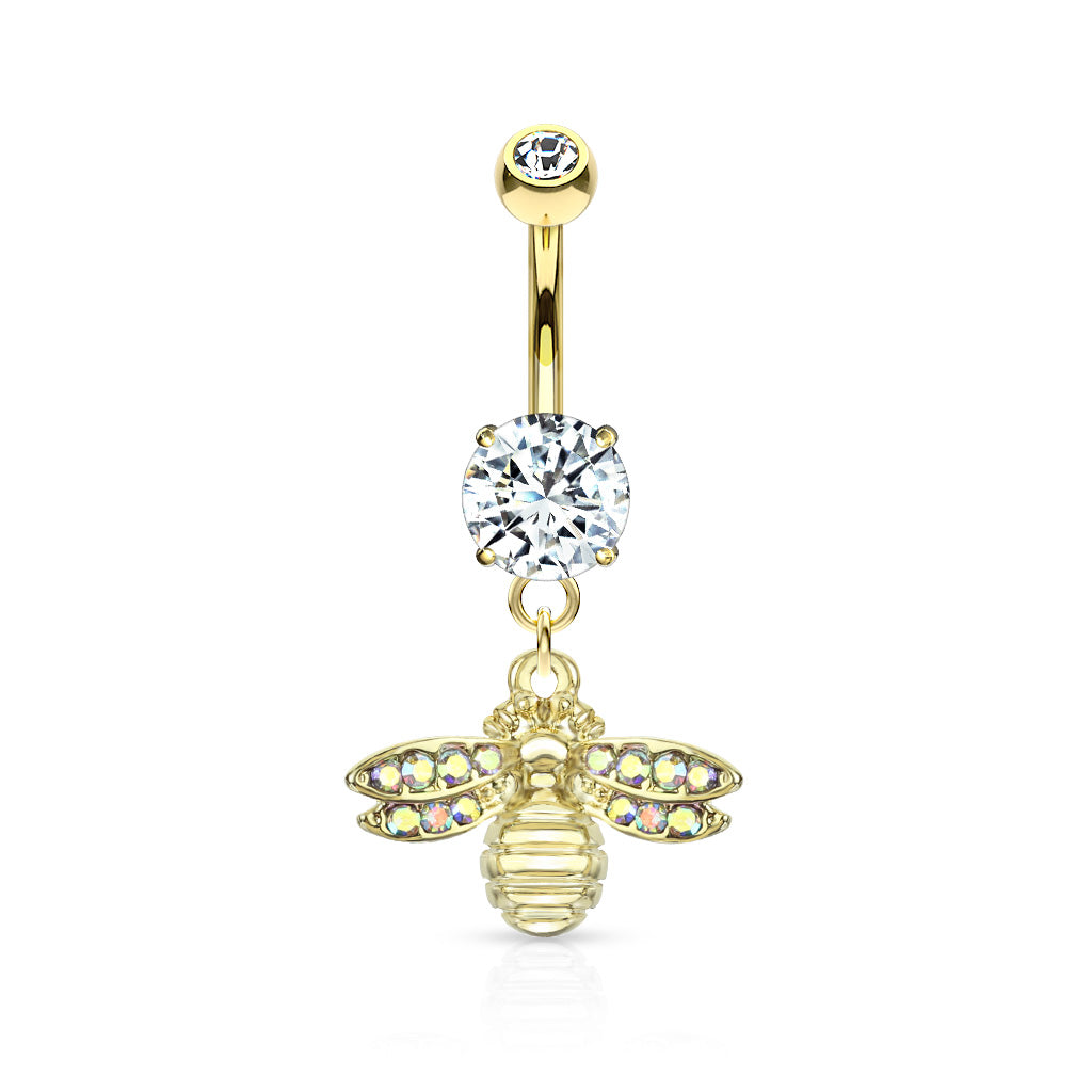 Bee with AB Crystal Paved Wings Dangle Double Jeweled Navel Bar