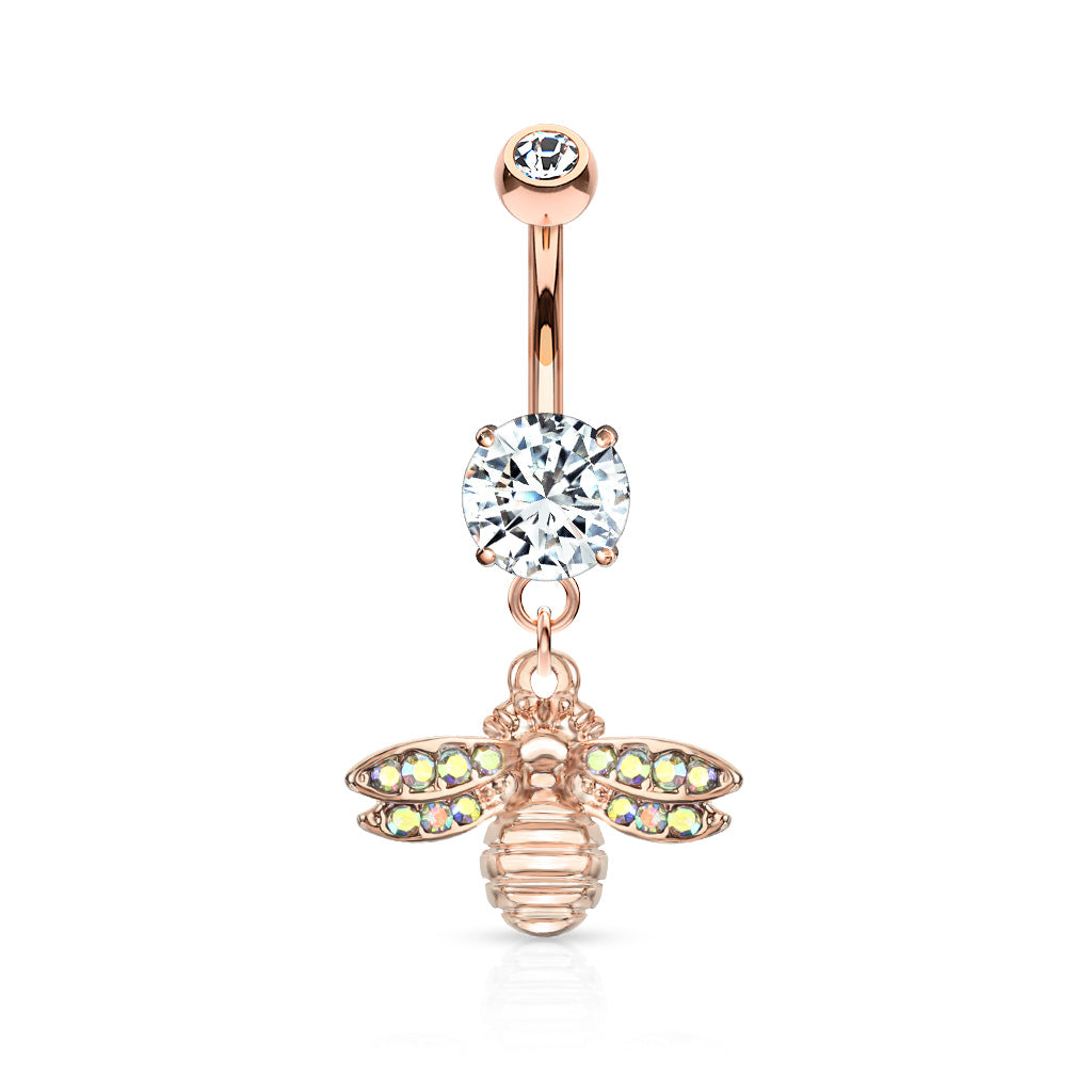 Bee with AB Crystal Paved Wings Dangle Double Jeweled Navel Bar