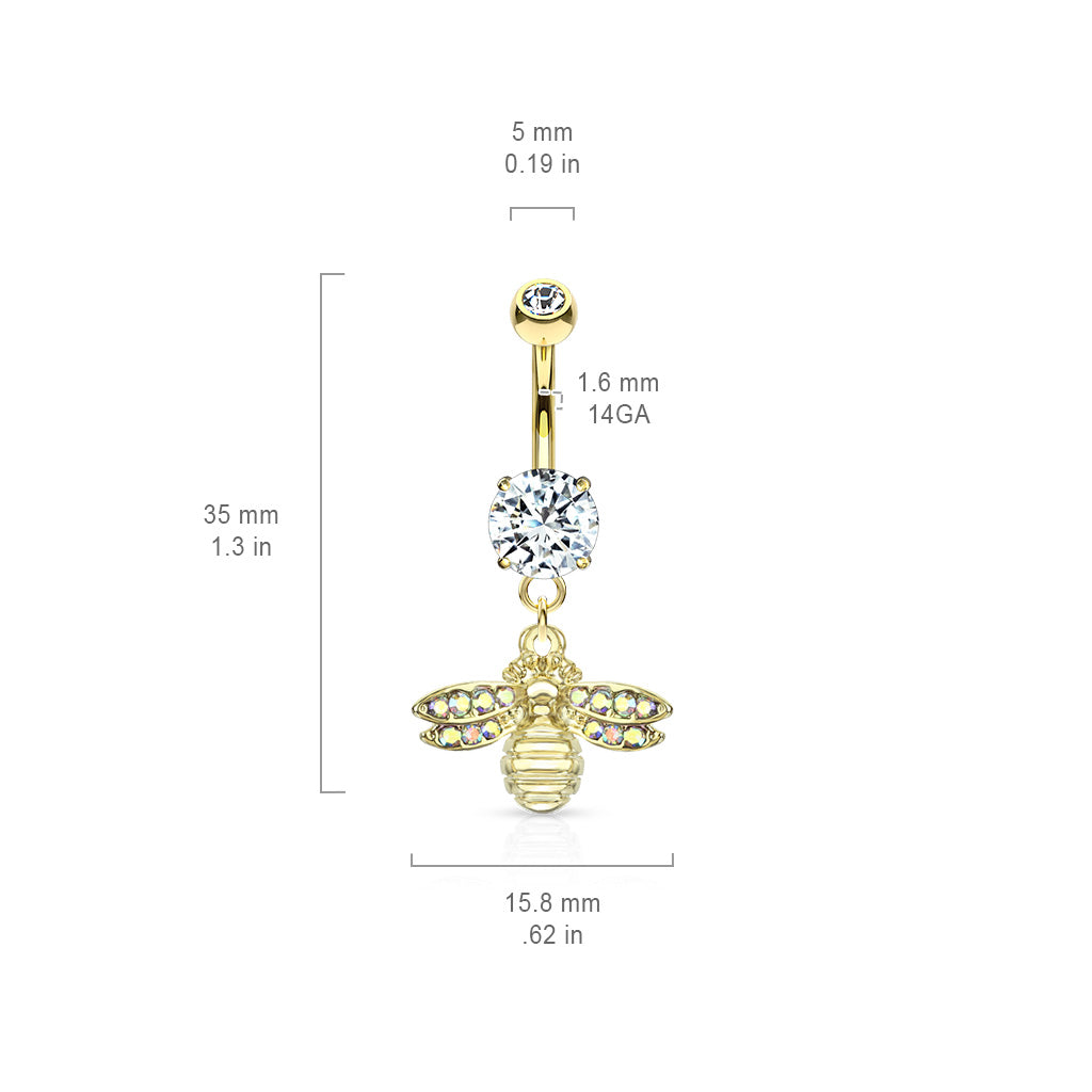 Bee with AB Crystal Paved Wings Dangle Double Jeweled Navel Bar
