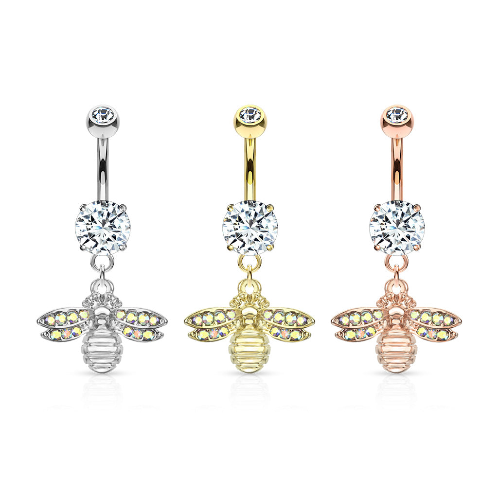 Bee with AB Crystal Paved Wings Dangle Double Jeweled Navel Bar