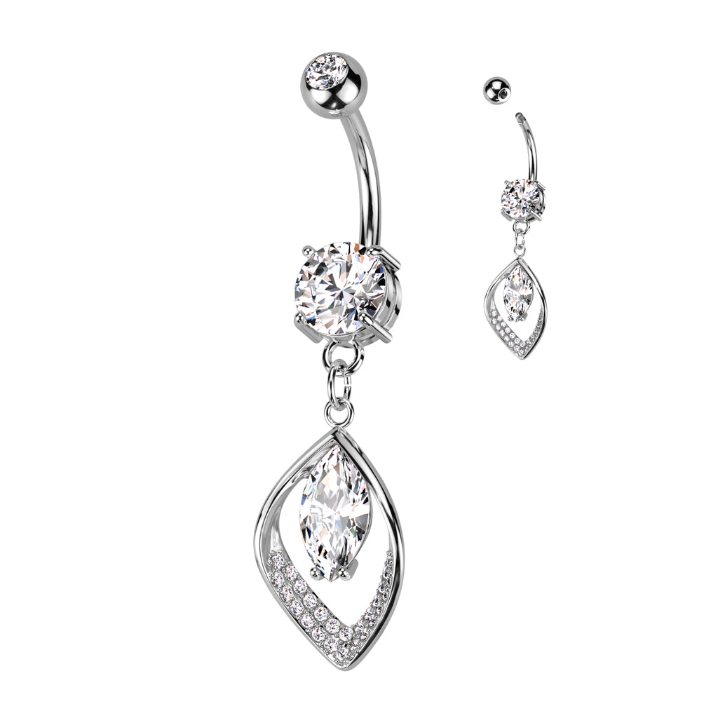 Hollow CZ Pave Leaf and Marquise CZ Center Navel Bar