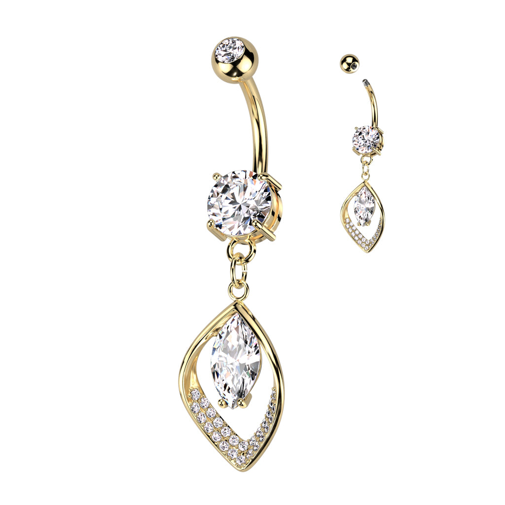 Hollow CZ Pave Leaf and Marquise CZ Center Navel Bar