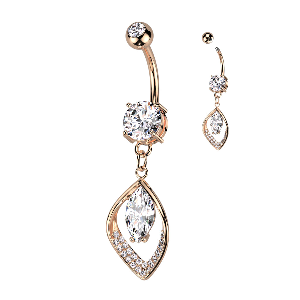 Hollow CZ Pave Leaf and Marquise CZ Center Navel Bar