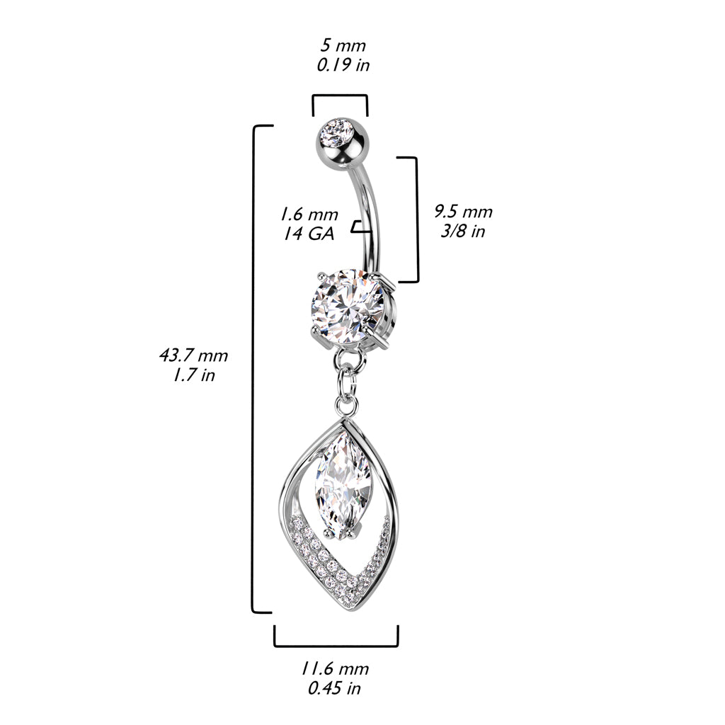 Hollow CZ Pave Leaf and Marquise CZ Center Navel Bar
