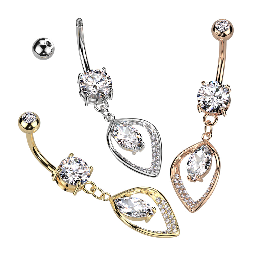 Hollow CZ Pave Leaf and Marquise CZ Center Navel Bar