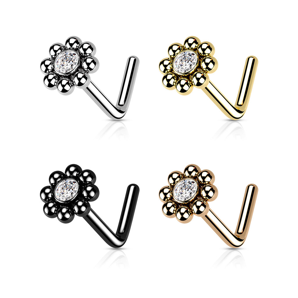 Beaded Ball Edge with CZ Center Top Nose Stud