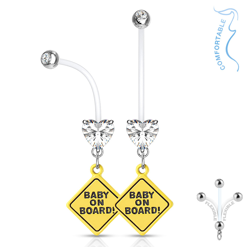 Double Jeweled Prong Set Heart CZ with Baby on Board Sign Dangle Pregnancy Bioflex Navel Bar