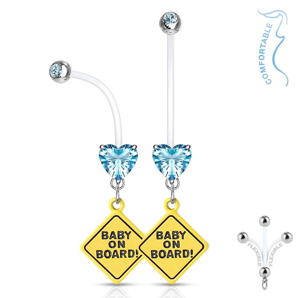 Double Jeweled Prong Set Heart CZ with Baby on Board Sign Dangle Pregnancy Bioflex Navel Bar