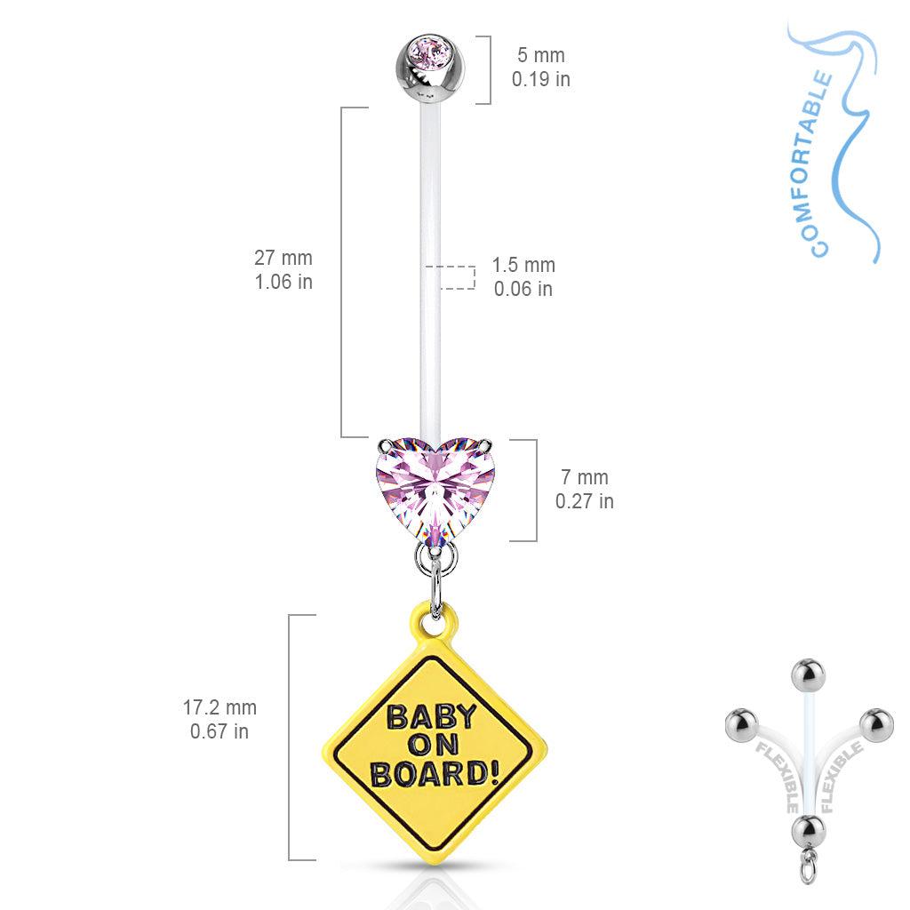 Double Jeweled Prong Set Heart CZ with Baby on Board Sign Dangle Pregnancy Bioflex Navel Bar