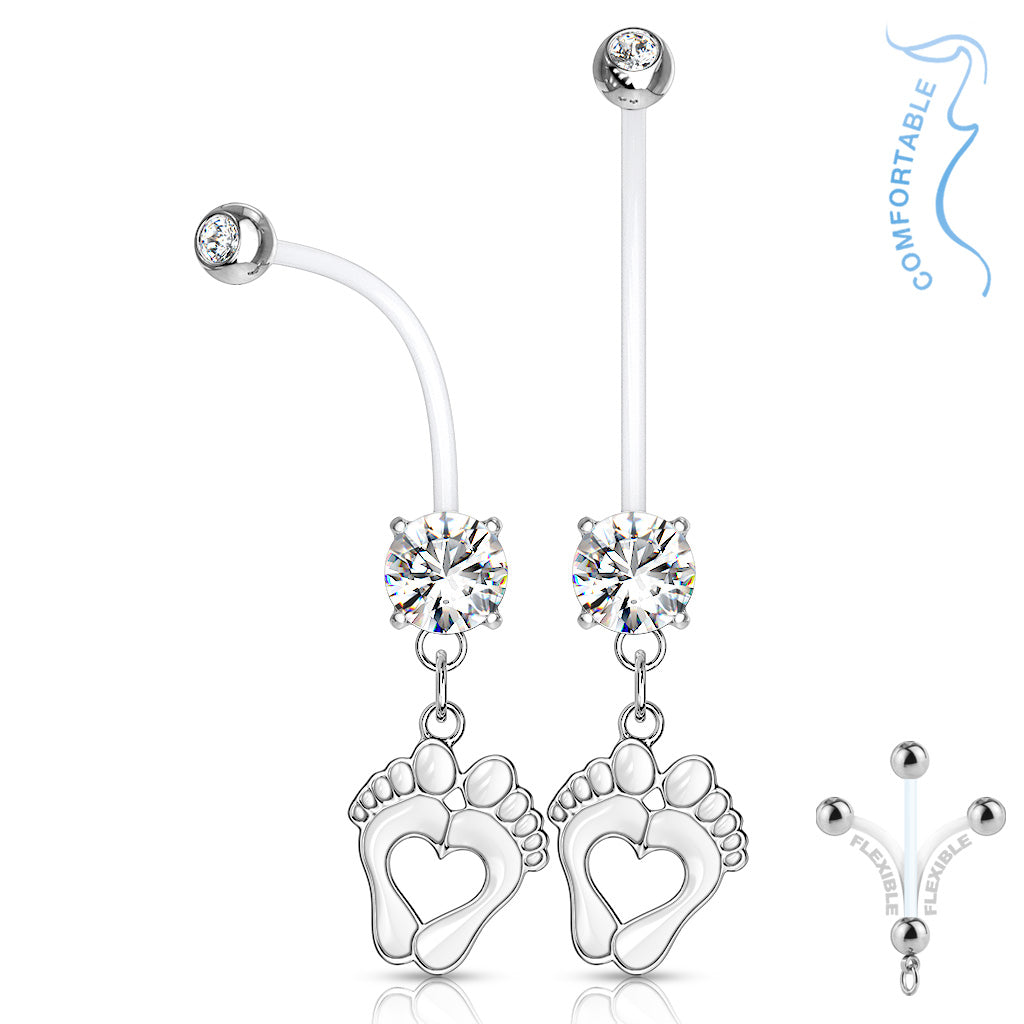 Double Jeweled Prong Set Round CZ with Heart Baby Feet Dangle Pregnancy Bioflex Navel Bar
