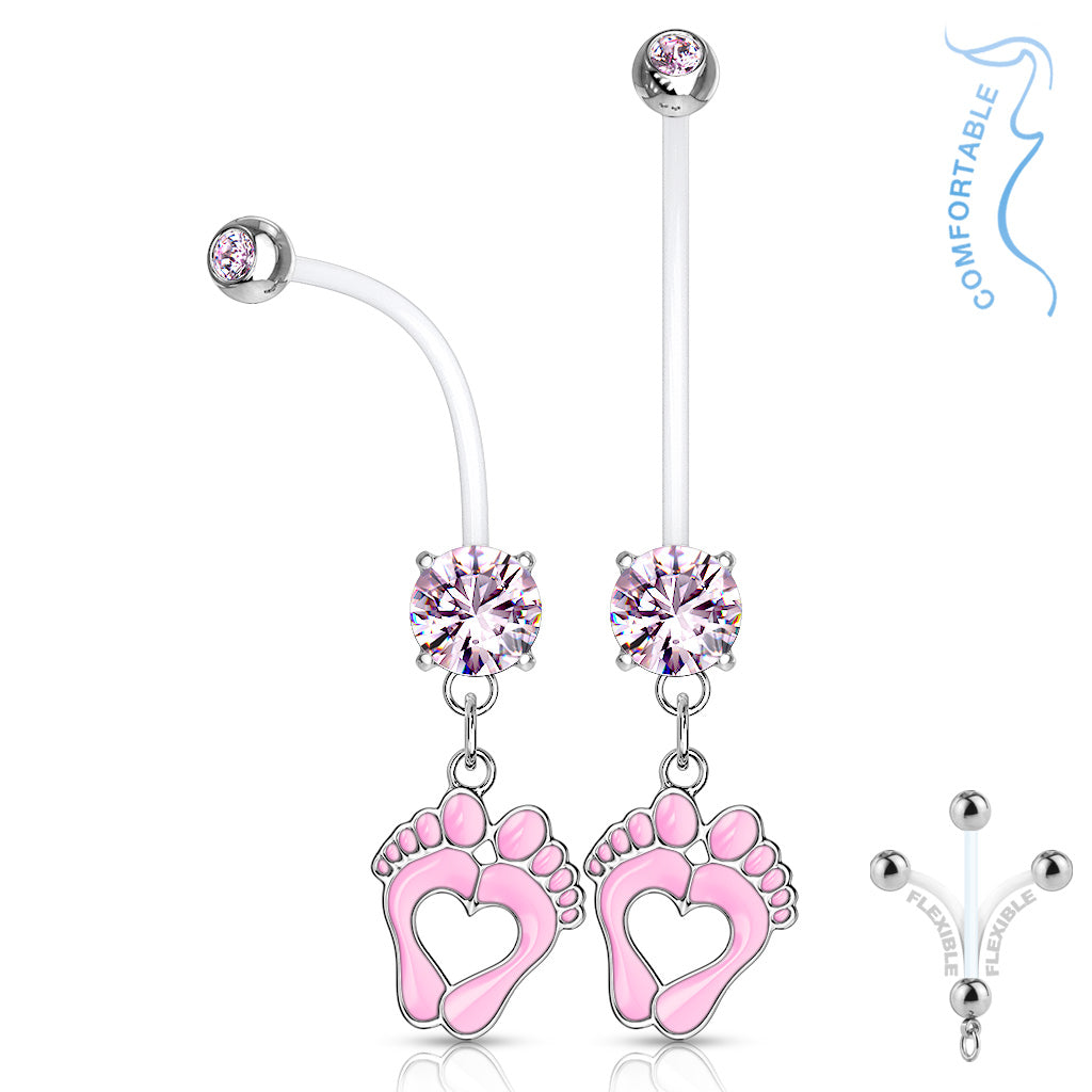 Double Jeweled Prong Set Round CZ with Heart Baby Feet Dangle Pregnancy Bioflex Navel Bar