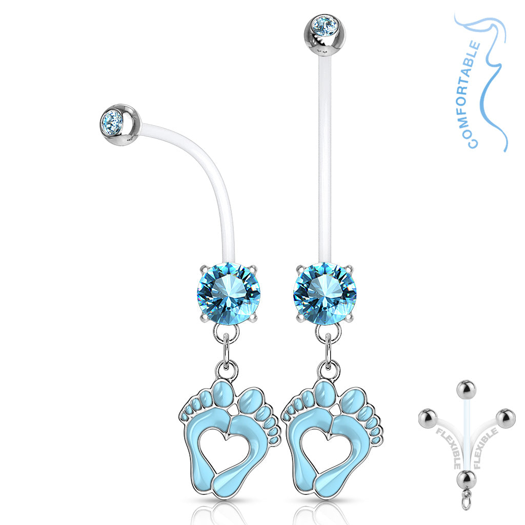 Double Jeweled Prong Set Round CZ with Heart Baby Feet Dangle Pregnancy Bioflex Navel Bar