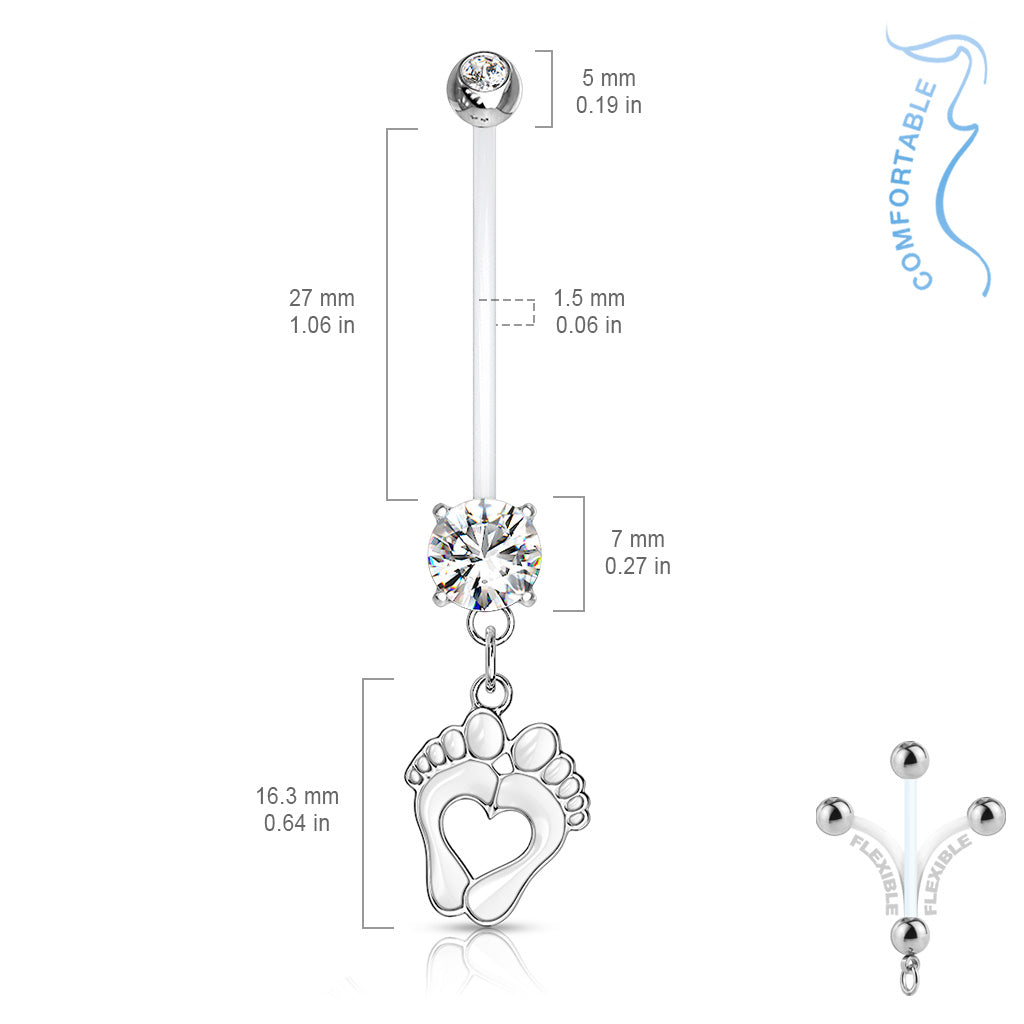 Double Jeweled Prong Set Round CZ with Heart Baby Feet Dangle Pregnancy Bioflex Navel Bar