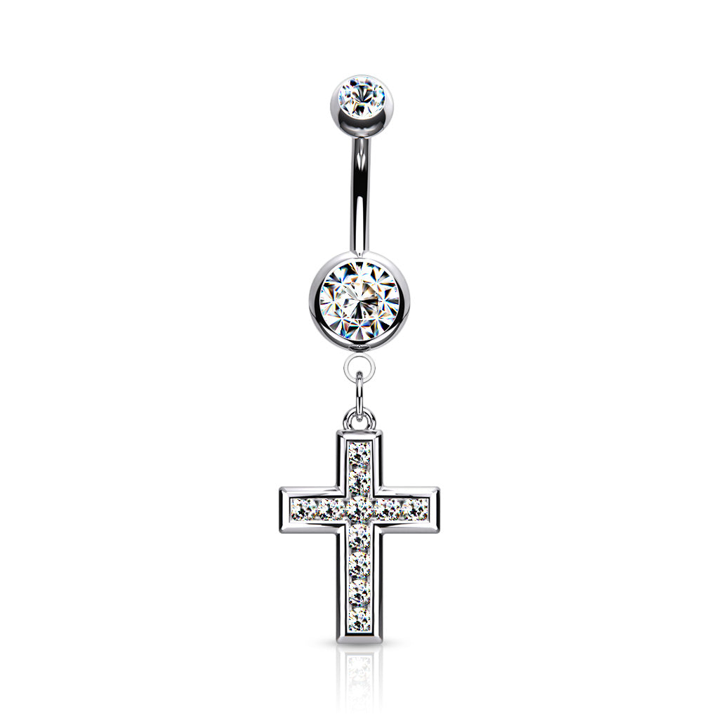 CZ Set Cross Dangle Jewelled Navel Bar