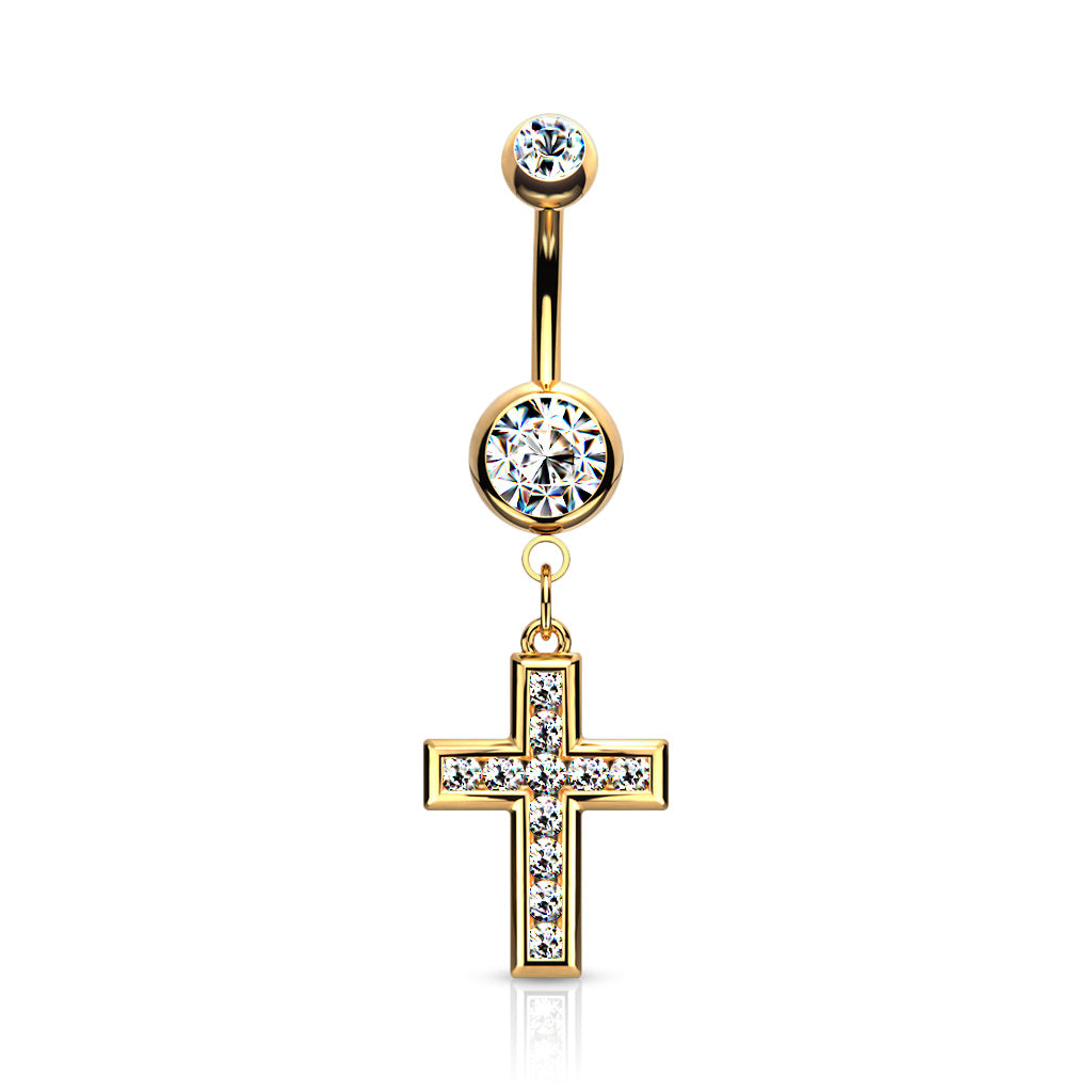 CZ Set Cross Dangle Jewelled Navel Bar