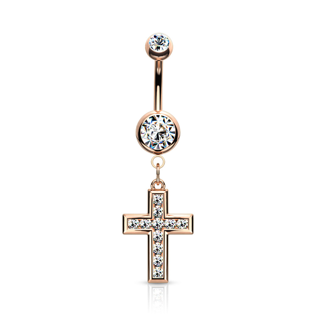 CZ Set Cross Dangle Jewelled Navel Bar
