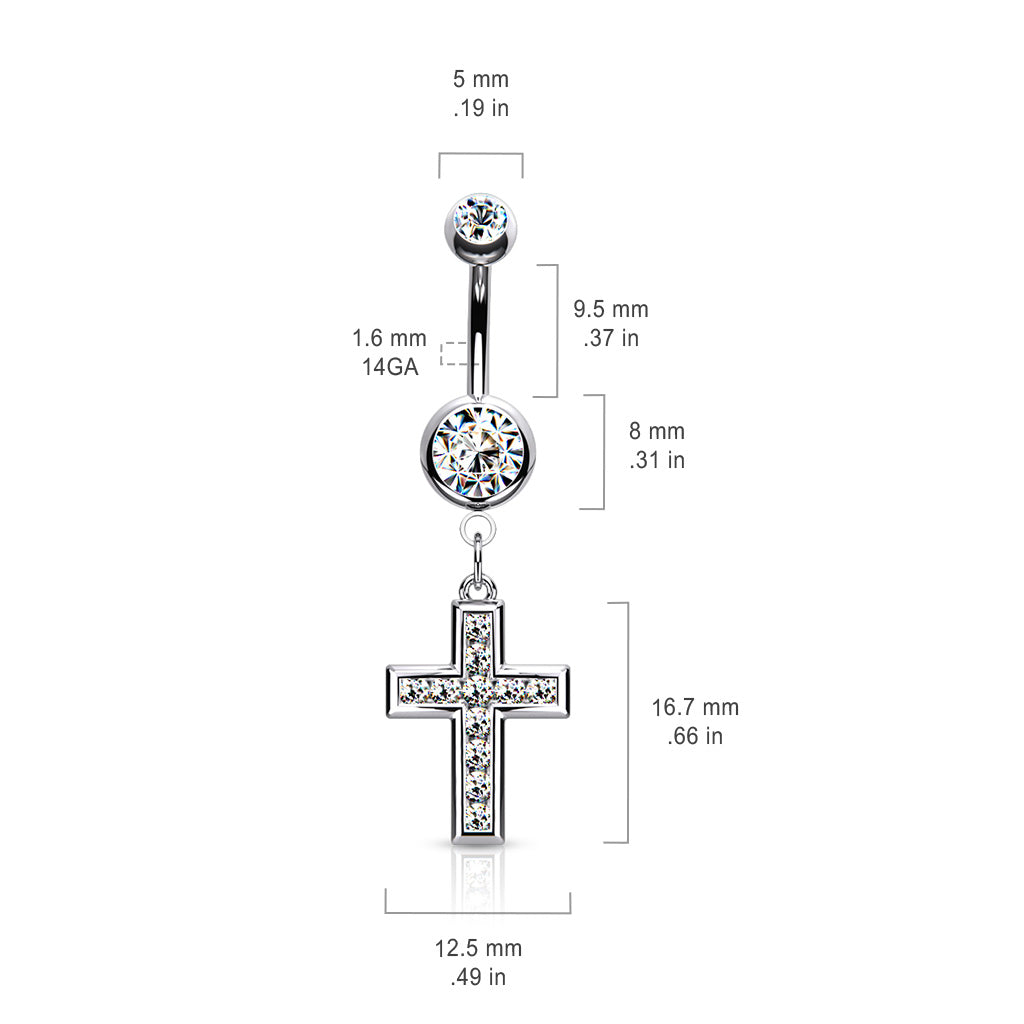 CZ Set Cross Dangle Jewelled Navel Bar