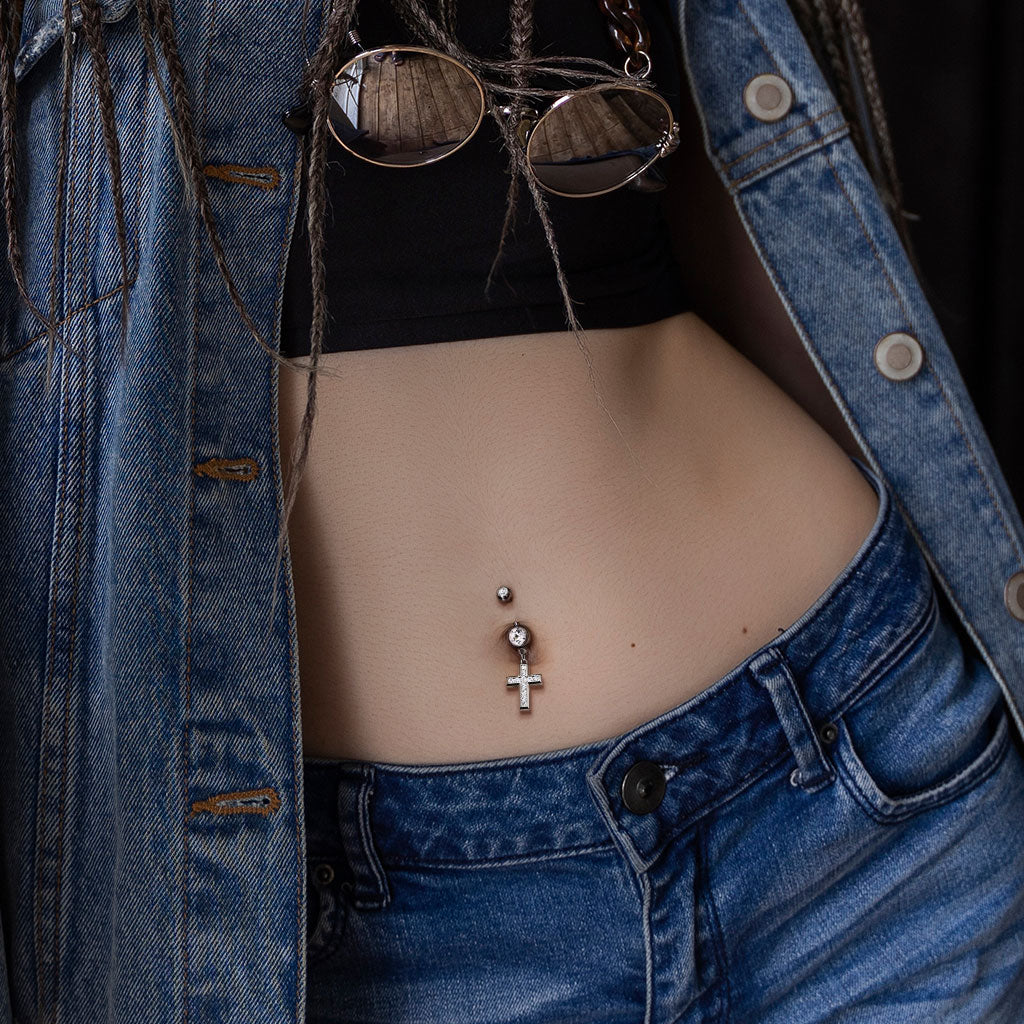 CZ Set Cross Dangle Jewelled Navel Bar