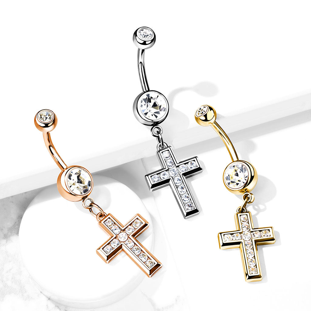 CZ Set Cross Dangle Jewelled Navel Bar