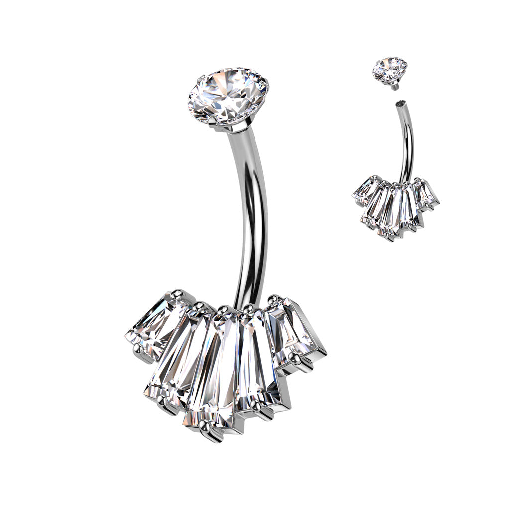 Navel Bar With Round CZ Top and 5 Baguette CZ Set Fan Bottom