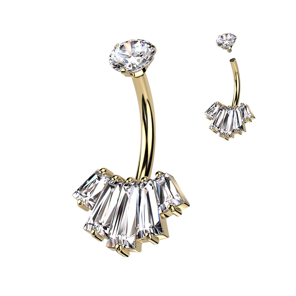 Navel Bar With Round CZ Top and 5 Baguette CZ Set Fan Bottom