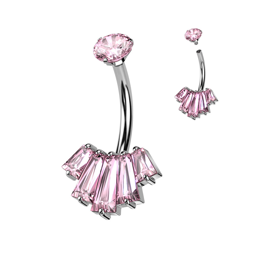 Navel Bar With Round CZ Top and 5 Baguette CZ Set Fan Bottom