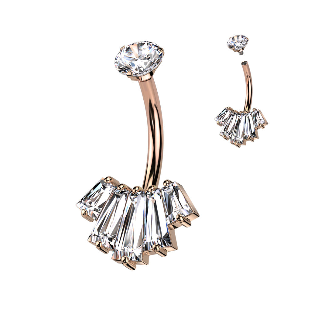 Navel Bar With Round CZ Top and 5 Baguette CZ Set Fan Bottom