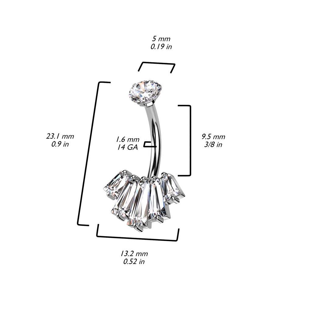 Navel Bar With Round CZ Top and 5 Baguette CZ Set Fan Bottom