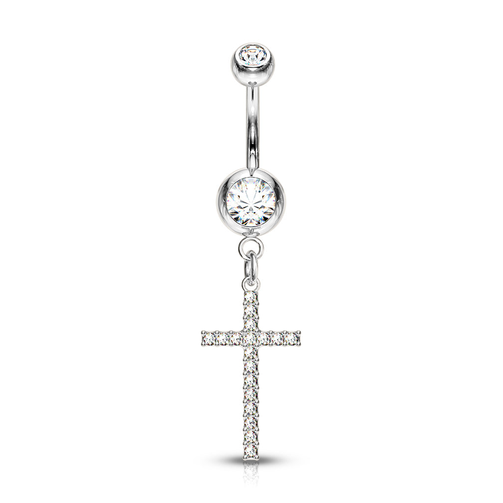 Crystal Paved Cross Dangle Double Jeweled Navel Bar
