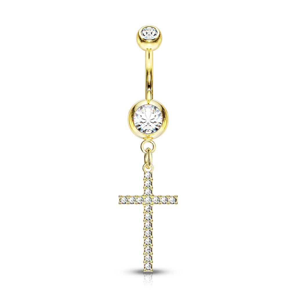 Crystal Paved Cross Dangle Double Jeweled Navel Bar