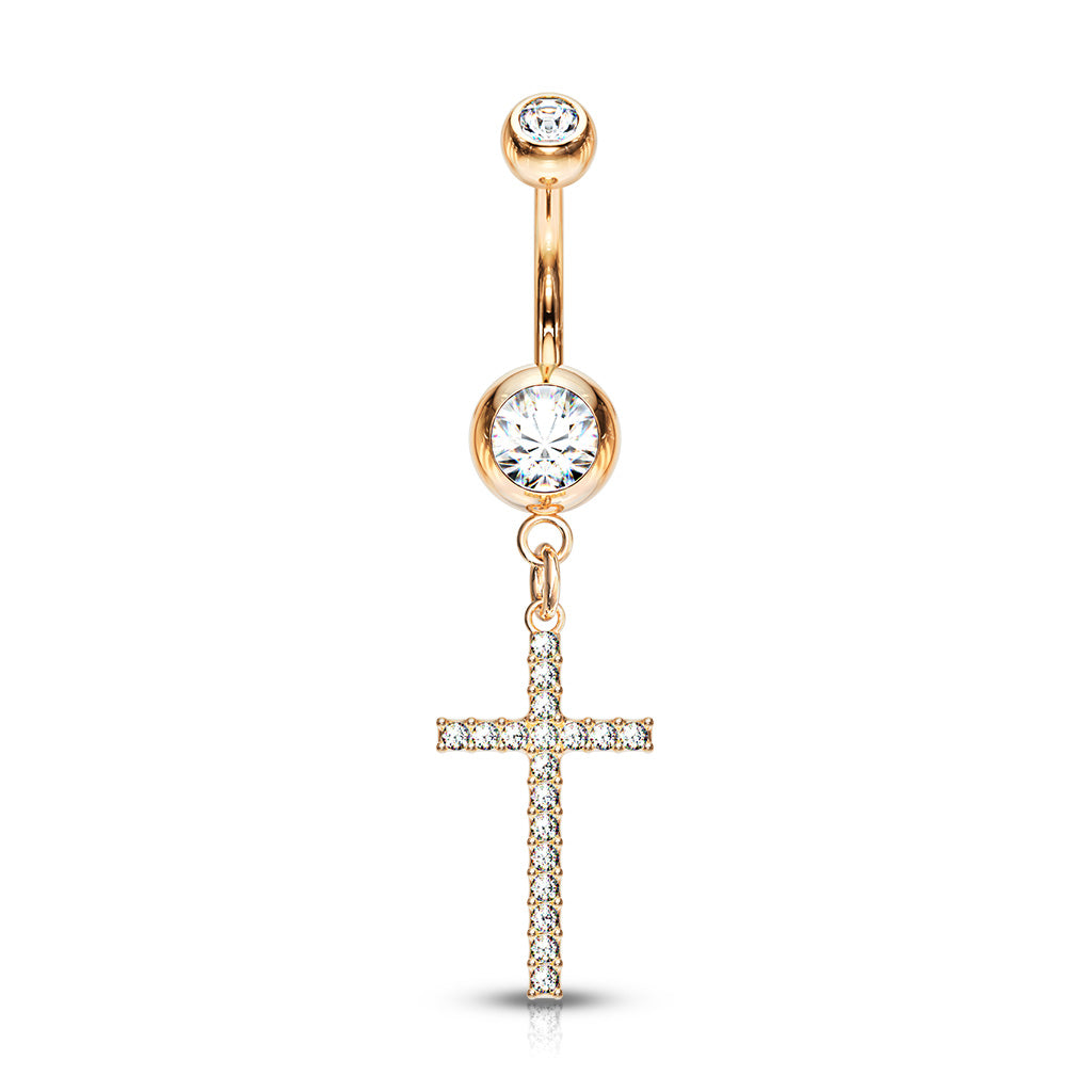 Crystal Paved Cross Dangle Double Jeweled Navel Bar
