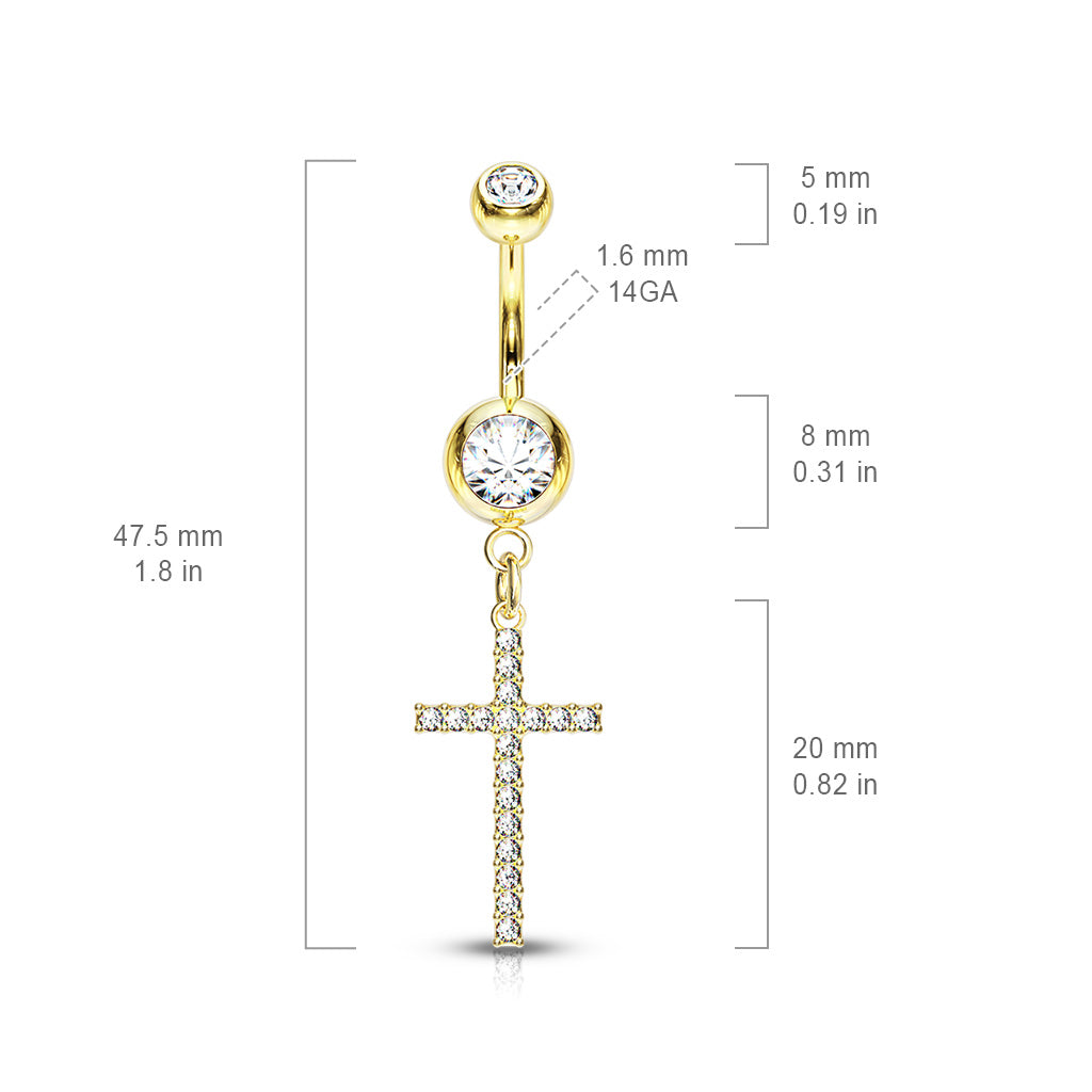 Crystal Paved Cross Dangle Double Jeweled Navel Bar