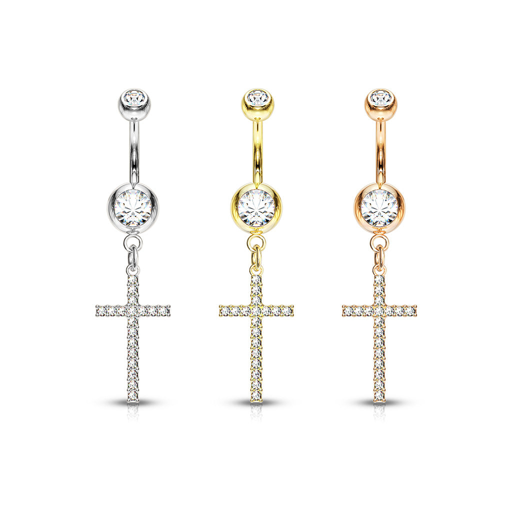 Crystal Paved Cross Dangle Double Jeweled Navel Bar