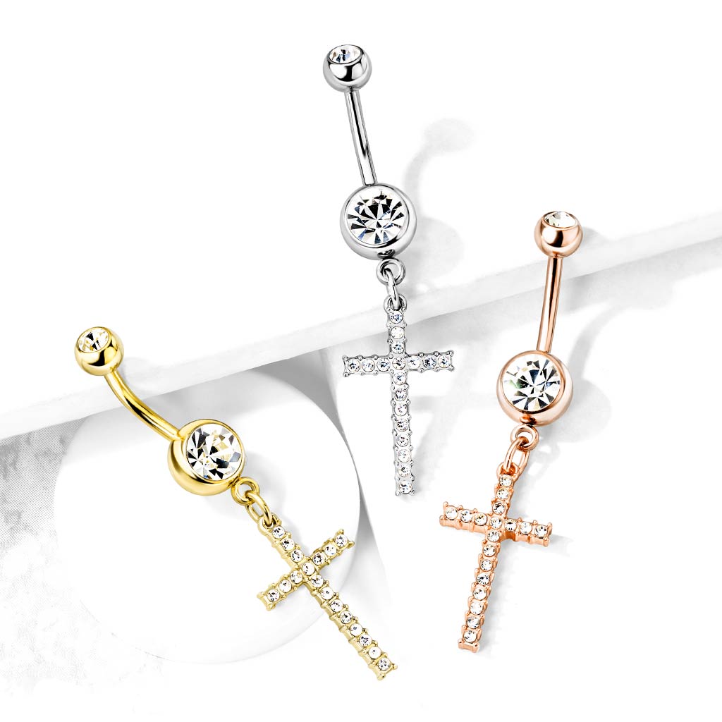 Crystal Paved Cross Dangle Double Jeweled Navel Bar