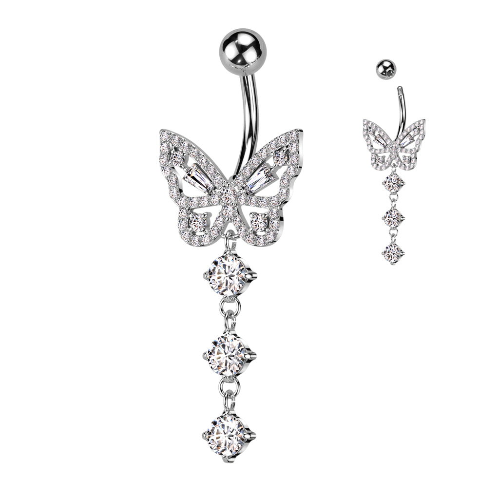 CZ Butterfly With 3 Round CZ Dangle Navel Bar