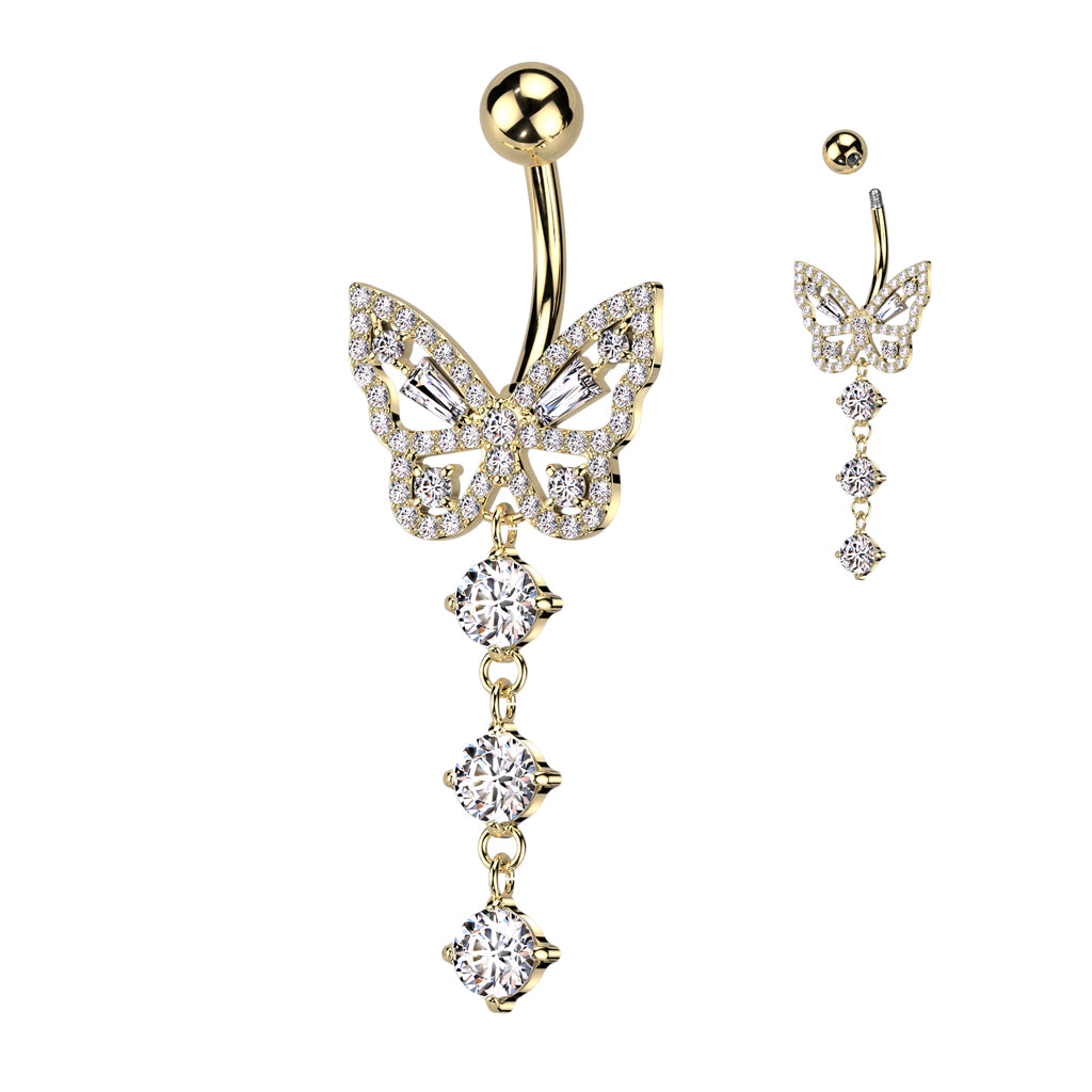 CZ Butterfly With 3 Round CZ Dangle Navel Bar