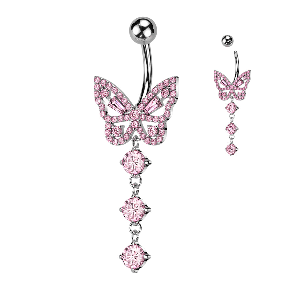 CZ Butterfly With 3 Round CZ Dangle Navel Bar