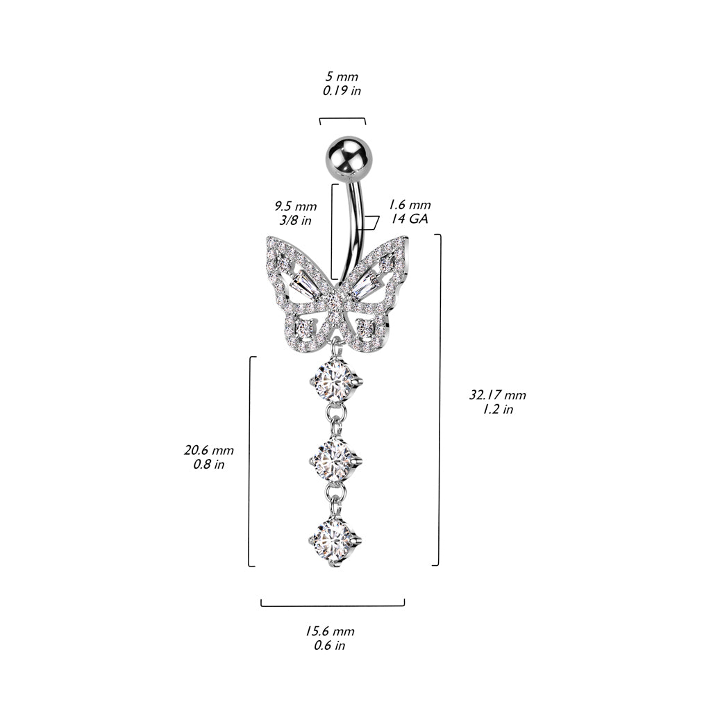 CZ Butterfly With 3 Round CZ Dangle Navel Bar